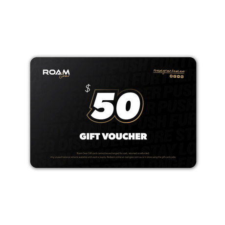 Roam Gear $50 eGift Card with white lettering and gold outlines on a black background.