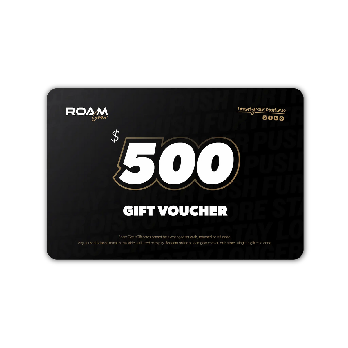 Roam Gear $500 eGift Card with white lettering and gold outlines on a black background.