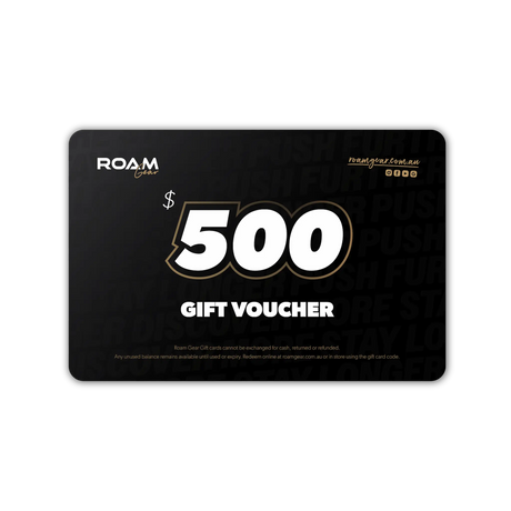 Roam Gear $500 eGift Card with white lettering and gold outlines on a black background.
