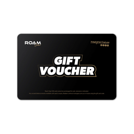 Roam Gear eGift Card with white gift voucher lettering on a black background.