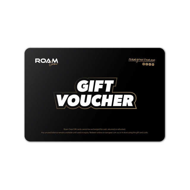 Roam Gear eGift Card with white gift voucher lettering on a black background.