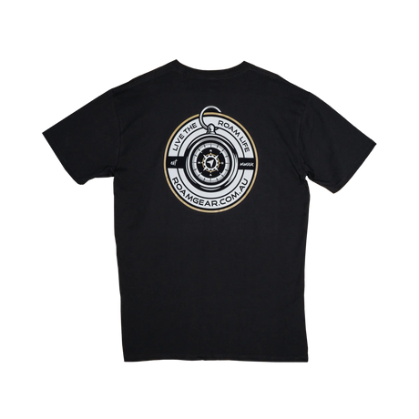 Roam Gear black female T-shirt back view with a large compass design and 'Live the Roam Life' lettering.