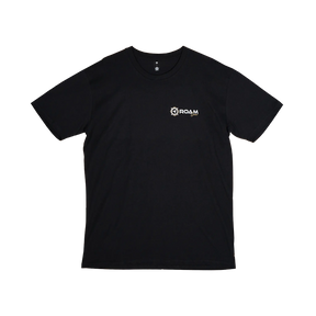 Roam Gear black female T-shirt front view with a small white and gold logo on the chest.