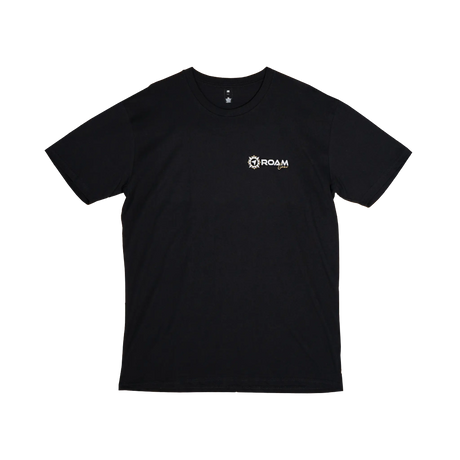 Roam Gear black female T-shirt front view with a small white and gold logo on the chest.