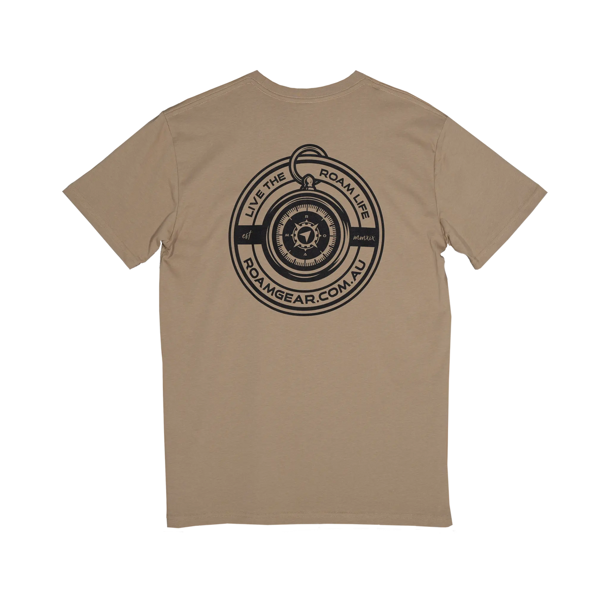 Roam Gear "Live the Roam Life" male tan T-shirt back view with a large circular compass graphic.