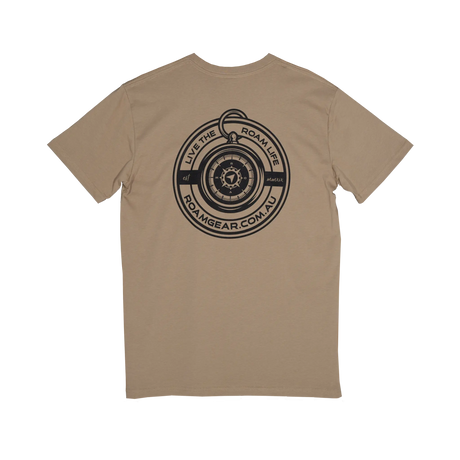 Roam Gear "Live the Roam Life" male tan T-shirt back view with a large circular compass graphic.