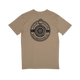 Roam Gear "Live the Roam Life" male tan T-shirt back view with a large circular compass graphic.