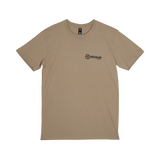 Roam Gear "Live the Roam Life" male tan T-shirt front view with a small Roam Gear chest logo.