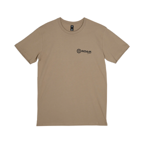 Roam Gear "Live the Roam Life" male tan T-shirt front view with a small Roam Gear chest logo.