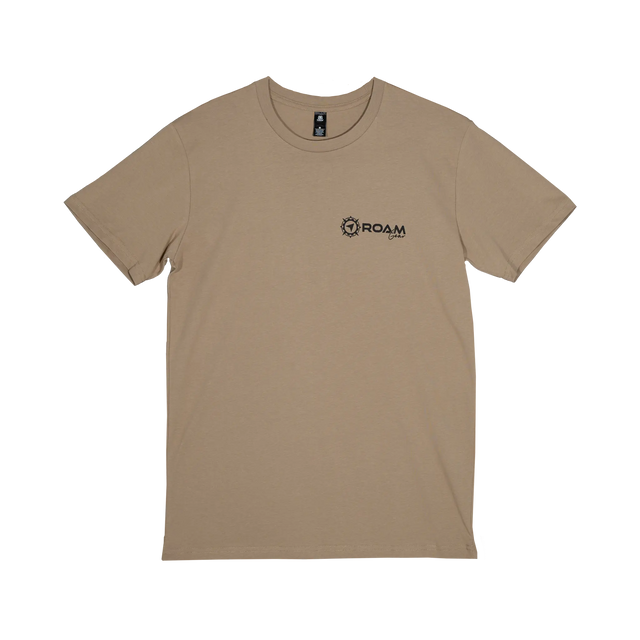 Roam Gear "Live the Roam Life" male tan T-shirt front view with a small Roam Gear chest logo.