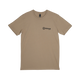 Roam Gear "Live the Roam Life" male tan T-shirt front view with a small Roam Gear chest logo.
