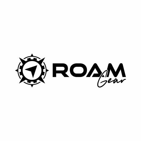 Medium Roam Gear black vinyl sticker with a compass emblem beside the Roam Gear wordmark.