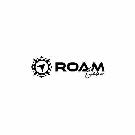 Small Roam Gear black vinyl sticker with a compass emblem beside the Roam Gear wordmark.