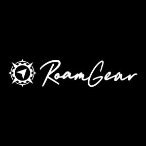 Large Roam Gear white vinyl sticker with compass emblem and script logo.