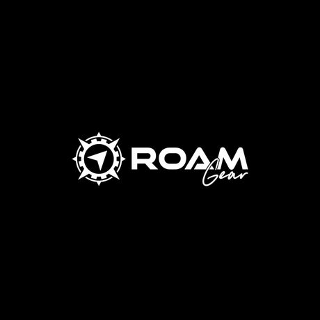 Small Roam Gear white vinyl sticker with compass emblem and roam gear logo.