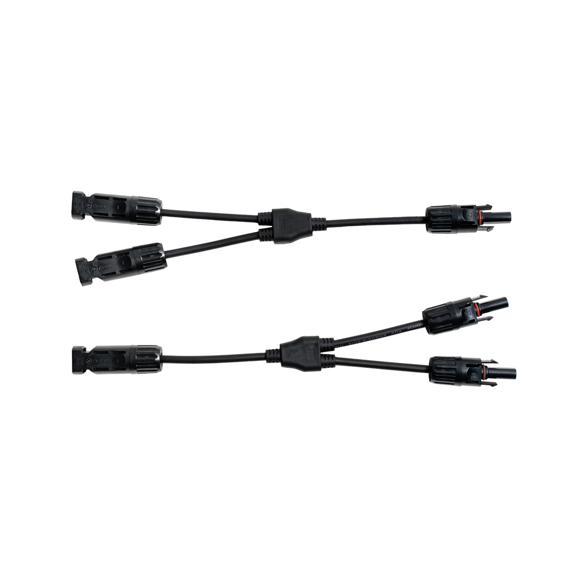 Roam Gear MC4 two to one solar adaptor pair laid horizontally in opposite directions.