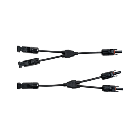Roam Gear MC4 two to one solar adaptor pair laid horizontally in opposite directions.