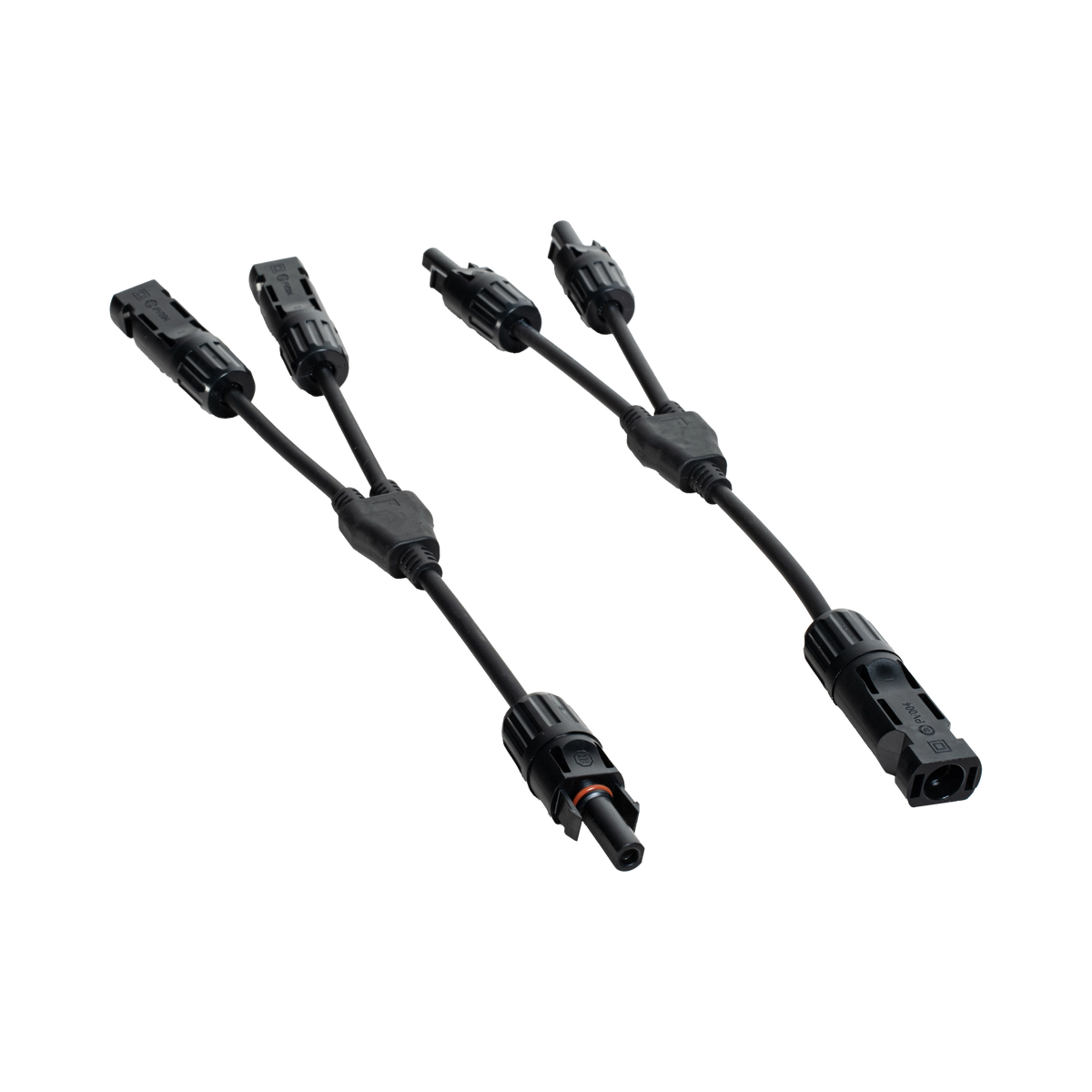 Roam Gear MC4 two to one solar adaptor pair in an angled view with black branch leads and connectors.