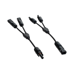 Roam Gear MC4 two to one solar adaptor pair in an angled view with black branch leads and connectors.