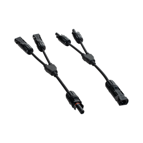 Roam Gear MC4 two to one solar adaptor pair in an angled view with black branch leads and connectors.