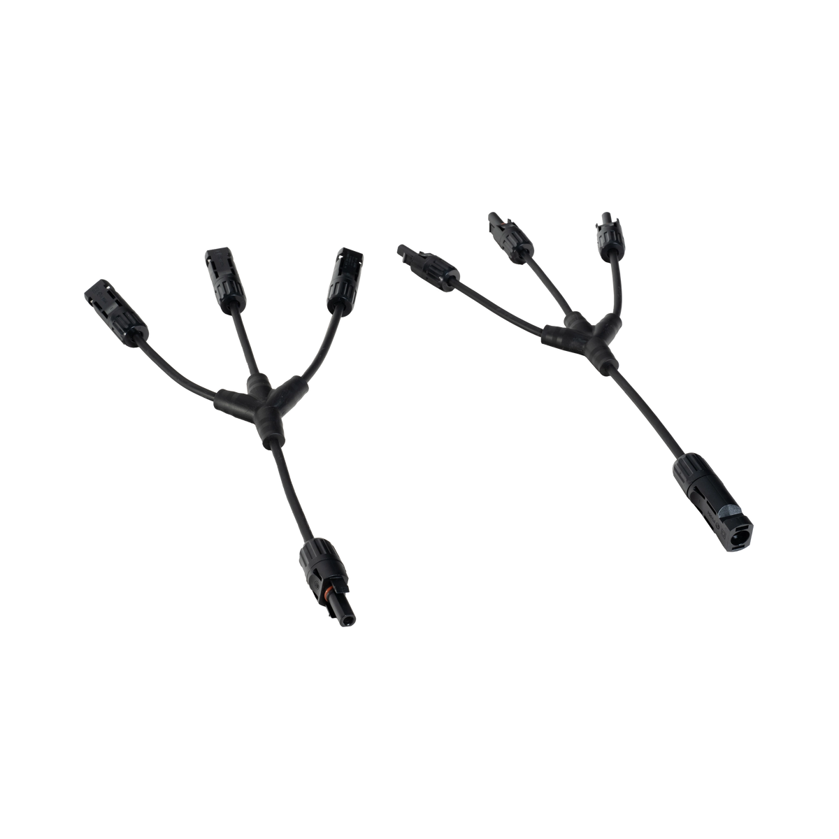 Roam Gear MC4 three to one solar adaptor pair with the branch connectors above the single connectors.