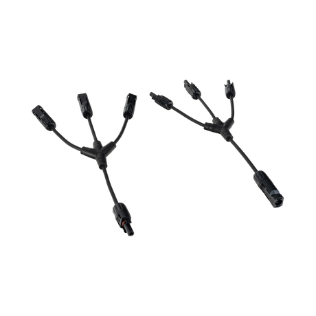 Roam Gear MC4 three to one solar adaptor pair with the branch connectors above the single connectors.