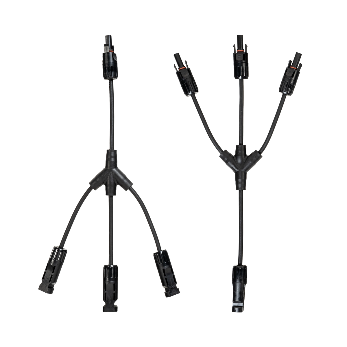 Roam Gear MC4 three to one solar adaptor pair laid vertically in opposite directions with all branches visible.
