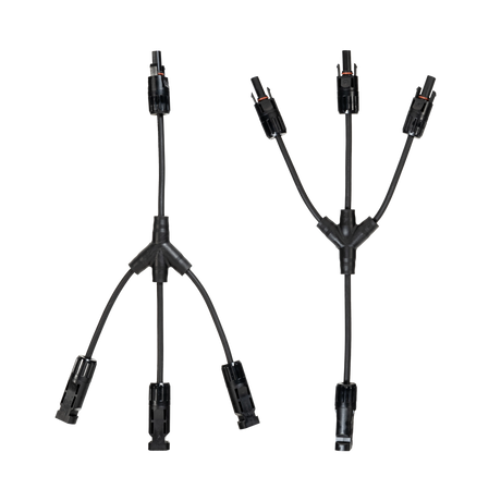 Roam Gear MC4 three to one solar adaptor pair laid vertically in opposite directions with all branches visible.