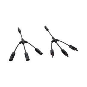 Roam Gear MC4 three to one solar adaptor pair in an angled view with three branches spread out on each adaptor.