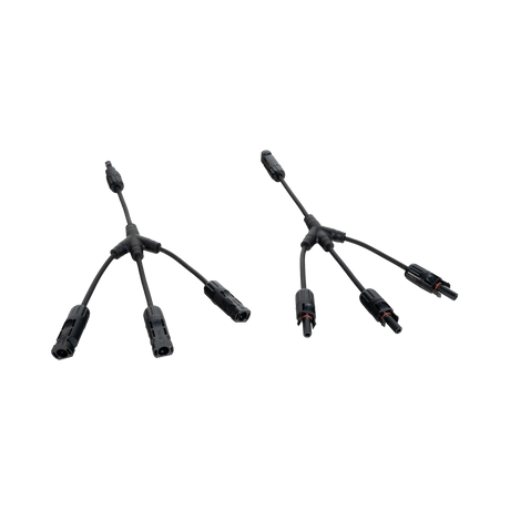 Roam Gear MC4 three to one solar adaptor pair in an angled view with three branches spread out on each adaptor.