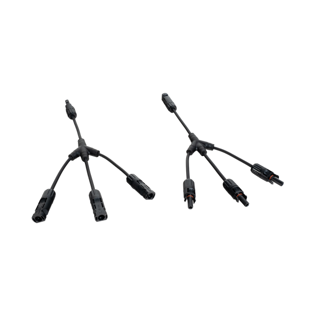 Roam Gear MC4 three to one solar adaptor pair in an angled view with three branches spread out on each adaptor.