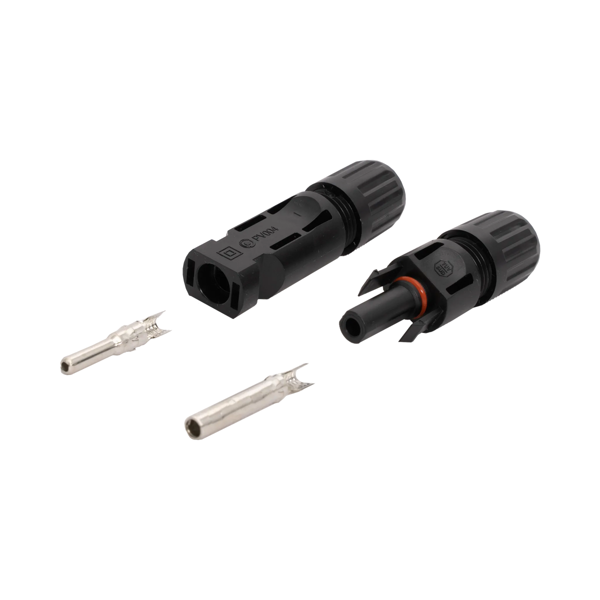 Roam Gear solar MC4 compatible connector pair with locking clips and metal crimp contacts visible.