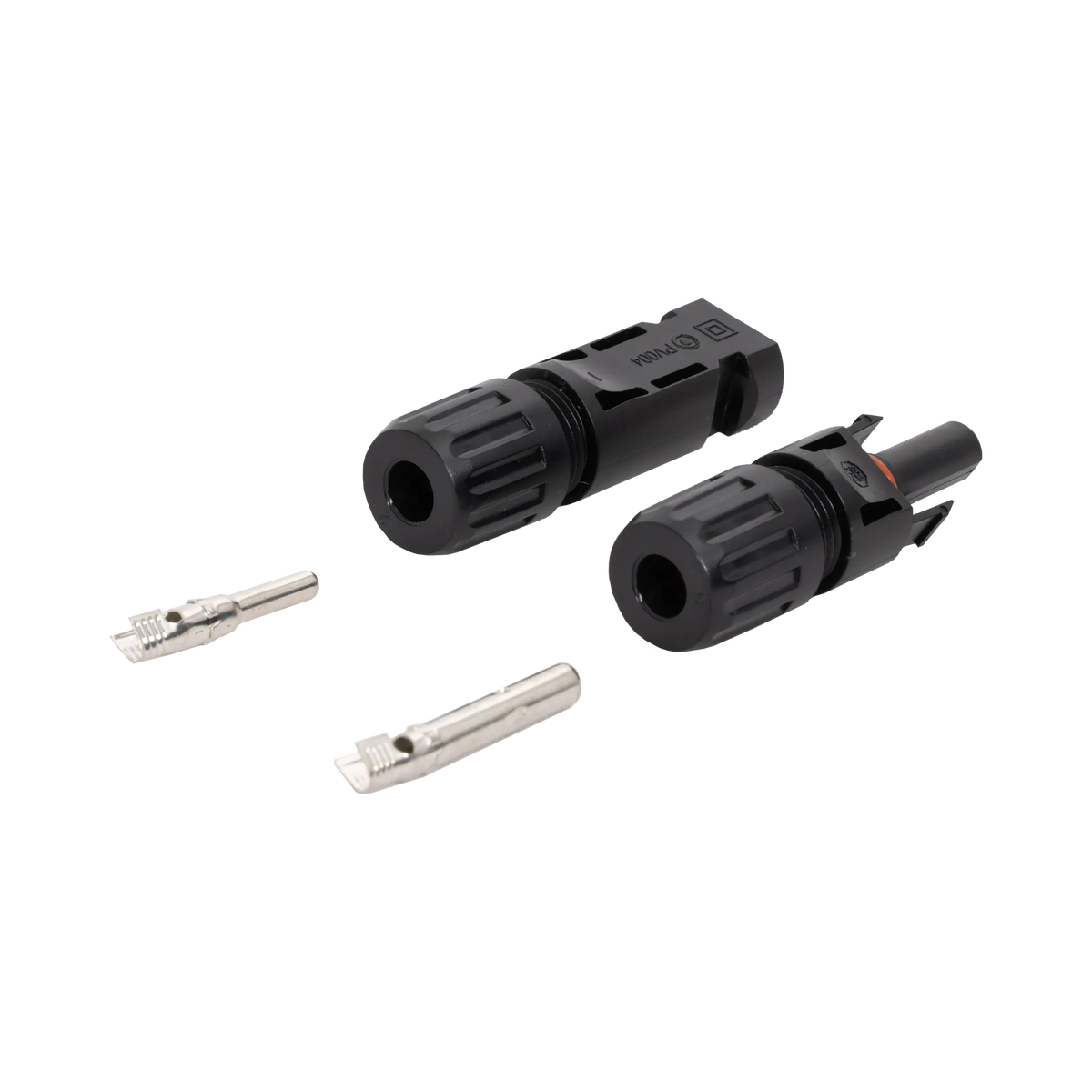 Roam Gear solar MC4 compatible connector pair with cable entry ends facing forward and separate metal contacts.