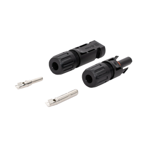 Roam Gear solar MC4 compatible connector pair with cable entry ends facing forward and separate metal contacts.