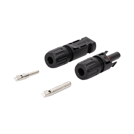 Roam Gear solar MC4 compatible connector pair with cable entry ends facing forward and separate metal contacts.