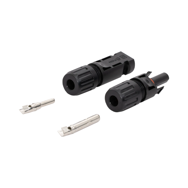 Roam Gear solar MC4 compatible connector pair with cable entry ends facing forward and separate metal contacts.