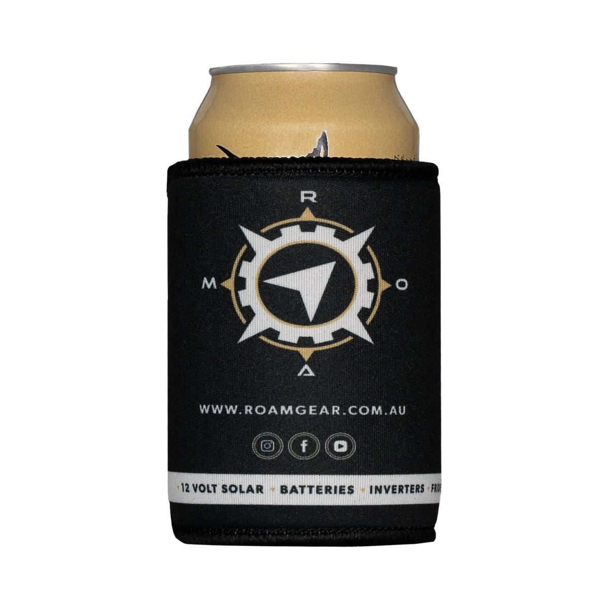 Roam Gear black stubby cooler rear view around a can, showing the compass emblem and website details.