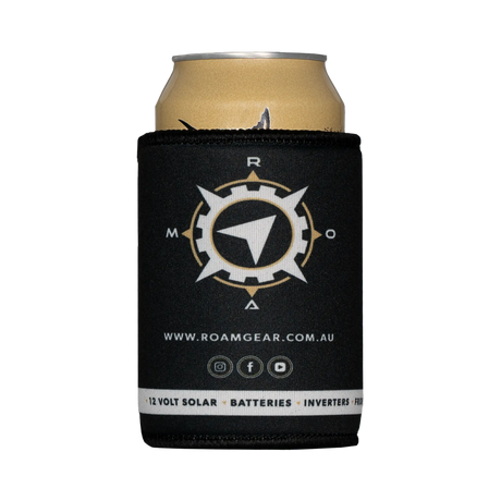 Roam Gear black stubby cooler rear view around a can, showing the compass emblem and website details.
