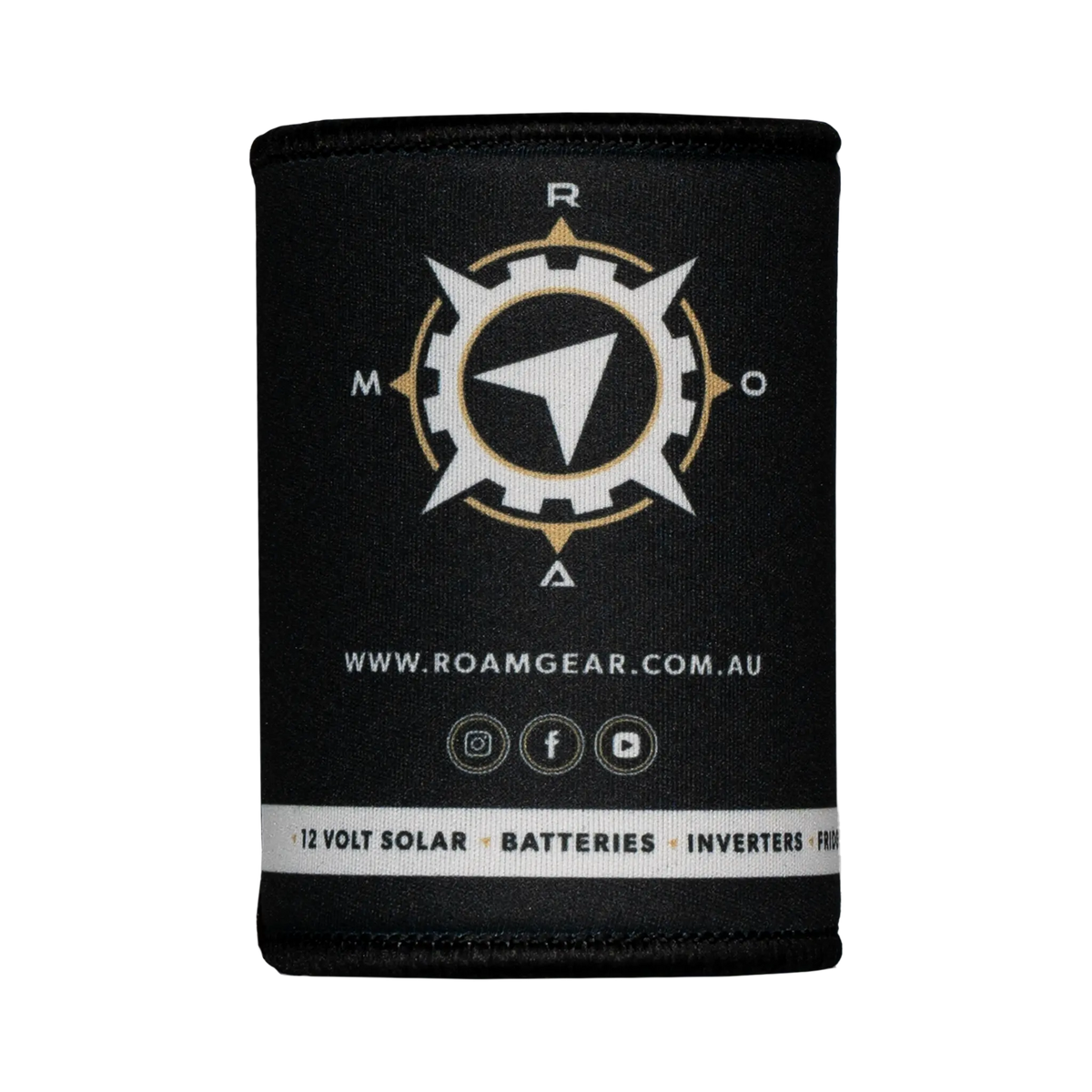 Roam Gear black stubby cooler rear view without a can, showing the compass emblem and social media icons.