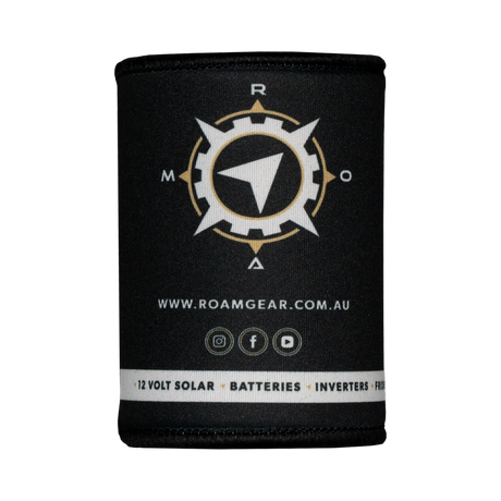 Roam Gear black stubby cooler rear view without a can, showing the compass emblem and social media icons.