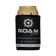 Roam Gear black stubby cooler front view around a can, with the white and gold logo facing forward.