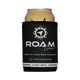 Roam Gear black stubby cooler front view around a can, with the white and gold logo facing forward.