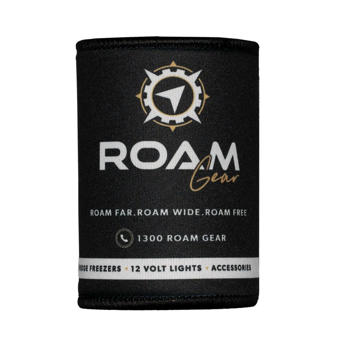 Roam Gear black stubby cooler front view without a can, showing the white and gold logo and stitched edges.