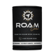 Roam Gear black stubby cooler front view without a can, showing the white and gold logo and stitched edges.