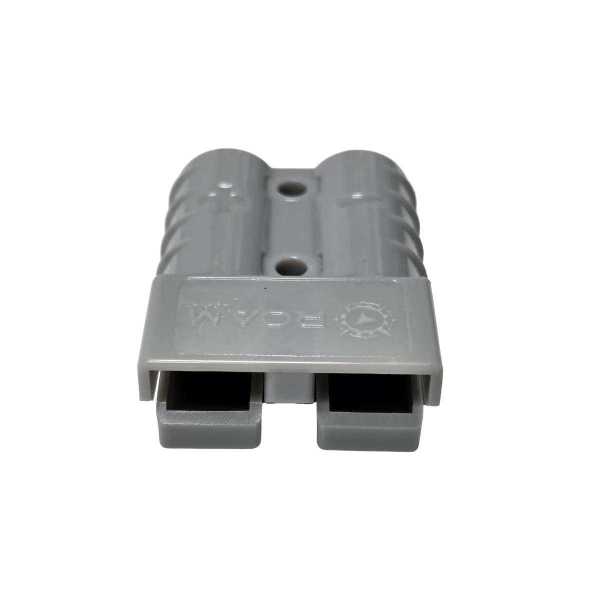 Roam Gear grey 50A Anderson plug front view with two rectangular connector openings.