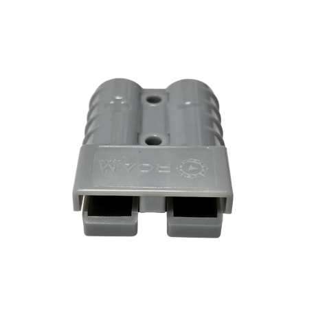 Roam Gear grey 50A Anderson plug front view with two rectangular connector openings.