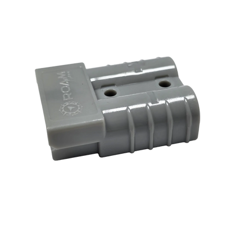 Roam Gear grey 50A Anderson plug side view with the ribbed housing and mounting holes visible.