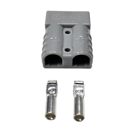 Roam Gear grey 50A Anderson plug rear view with twin cable entry openings and two loose contacts.
