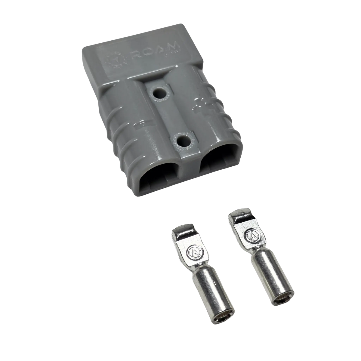 Roam Gear grey 50A Anderson plug in a rear left view with two contacts placed beside the housing.