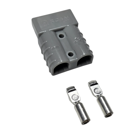 Roam Gear grey 50A Anderson plug in a rear left view with two contacts placed beside the housing.